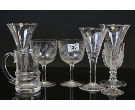 Seven mixed vintage drinking glasses, all with engraving to include an Edward VIII Coronation Tankard, and a pair of glasses 