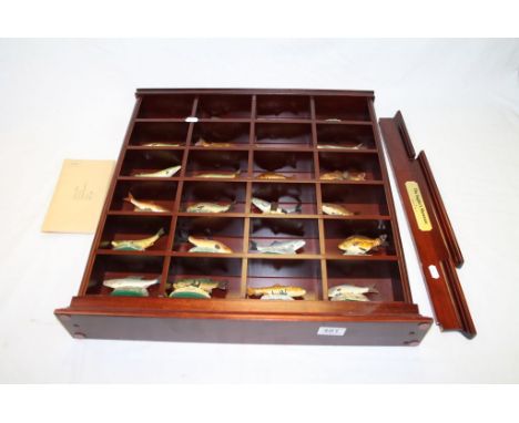 The Anglers Showcase Danbury Mint Wooden Miniature Wall Display Cabinet Shelf to include 24 fish models and information cards