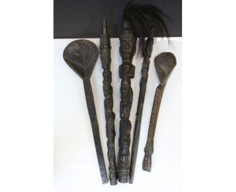 Wooden Tribal Batax Chief Stick in Three Parts together with Two Large Spoons