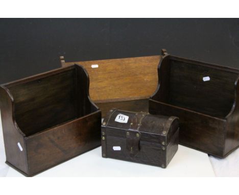 Pair of Wooden Letter racks, Leather bound Wooden Trunk style Box and an Oak Book stand approx 41cm across
