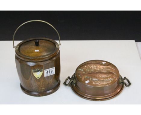 Vintage Oak Ice Bucket with EPNS Handle and Shiled with Burslem Ceramic Liner together with a Newlyn Style Fish Pattern Tinm 