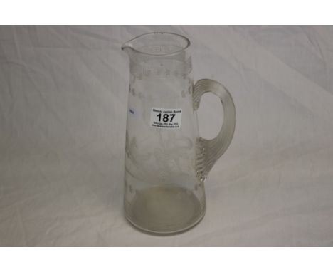 Vintage clear glass Water Jug with Greek Key &amp; classical Roman figure on Chariot engraving, ground out pontil to base, st