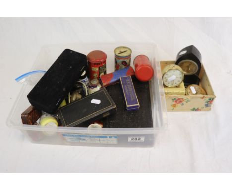 Tray of mixed collectables to include; Oil cans, Inkwell, ceramics, technical drawing set, Travel Clocks etc
