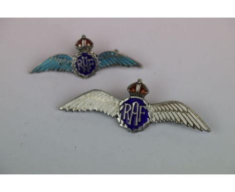 Two vintage RAF sweetheart brooches, with Enamel decoration, one white metal the other marked "Silver"