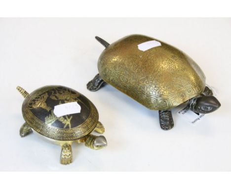 Two vintage wind up Desktop Bells modelled as Tortoises in Brass &amp; Metal, the larger example marked "Germany 7.4300" to b