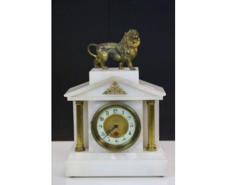 White Alabaster &amp; Gilt Brass Mantle Clock with Lion finial, dial marked "Hy. Hird Paris &amp; Hull", comes with key &amp;