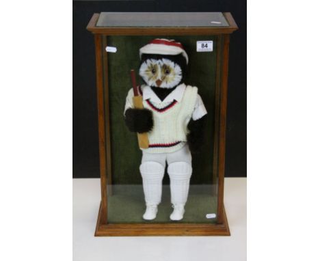 Wooden &amp; glazed Display case with soft toy model of an Owl in Cricket gear, case measures approx 55 x 36 x 20.5cm