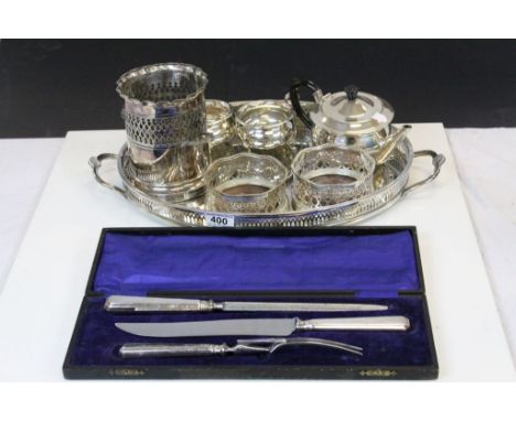 Collection of Silver Plate including Gallery Tray, Pair of Wine Coasters with Wooden Bases, Wine Cooler, Cased Three Piece Ca