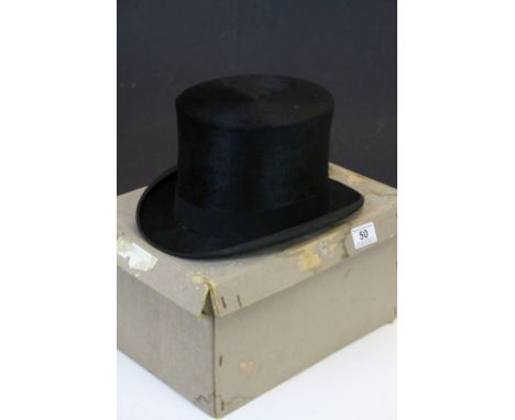 Vintage Lincoln Bennett &amp; Co Moleskin Top Hat with cardboard protective box, inner dimensions measure approx 19.5 x 16cm