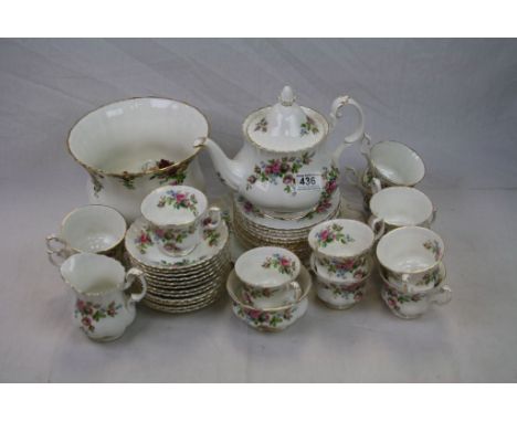 Royal Albert ' Moss Rose' tea set to include 12 x tea cups and saucers, teapot, 24 x side plates, sugar bowl, milk jug etc an