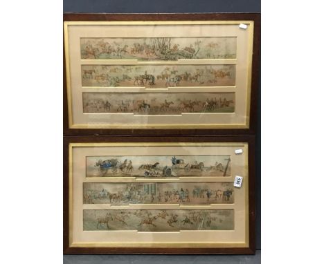 Pair of Framed and Glazed Late 18th / 19th century Coaching and Hunting Scene Coloured Prints, each frame consisting of Three