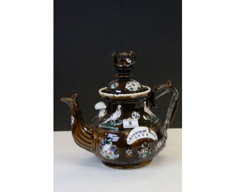 Large Bargeware Treacle Glaze Teapot ' Susannah Ball 1885 ', 30cms high