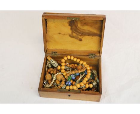 Olive Wood box of vintage Costume Jewellery etc to include 19th Century and Silver etc