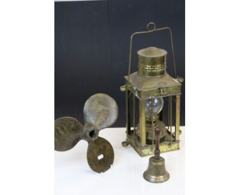 Brass Oil Lamp Storm Lantern, Brass Propeller and a Brass Bell