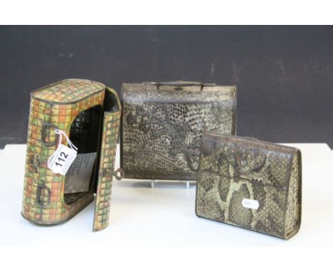 Three Huntley &amp; Palmer vintage Biscuit Tins, one with Snakeskin finish approx 14 x 12 x 5cm, "Canteen" circa 1901 with in