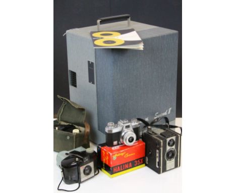 Cased Kodak Sound 8 Projector Model 1E together with Four Cameras including Boxed Halina 35X and Coronet D-20 and a West Flas