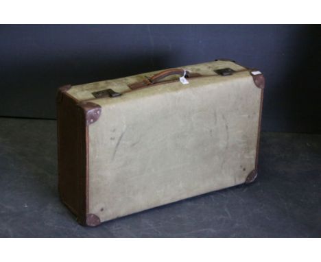 Vintage Leather &amp; Canvas Suitcase inscribed E.M.T.
