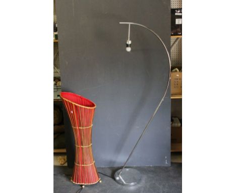 Contemporary Chrome Arched Floor Lamp together with a Retro Wicker and Red Fabric Floor Light