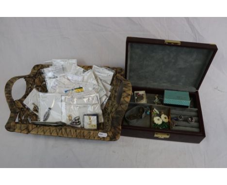 Vintage jewellery box and contents to include a Smokey quartz set Silver ring, Gold ring with Sapphire &amp; Opals etc plus a