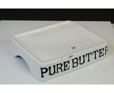 Vintage Ceramic Butter stand with black writing to side marked "Pure Butter", measures approx 34.5 x 29 x 7cm
