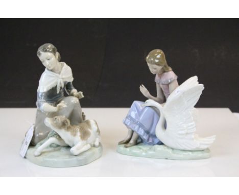 Lladro ceramic model of a female with Calf and a Nao model of a Girl with a Swan