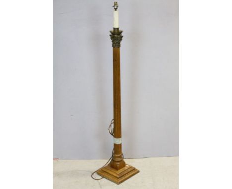 Good Quality Oak Standard Lamp in the form of a Corinthian Column with Brass Capital, 138cms high