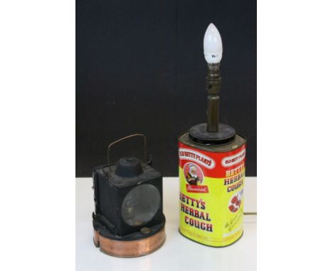 Table Lamp made from a vintage "Betty's Herbal Cough" tin, stands approx 25.5cm not including lamp fitting plus an insert fro