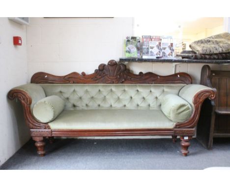 19th century Mahogany Framed Scroll Arm Settee / Sofa, the back rail carved in the form of a Plume of Feathers, Green Button 