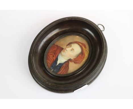 Antique Miniature oval Portrait on Ivory of "Alexander Pope" (1688 - 1744), with varnished Wooden frame and related info to v