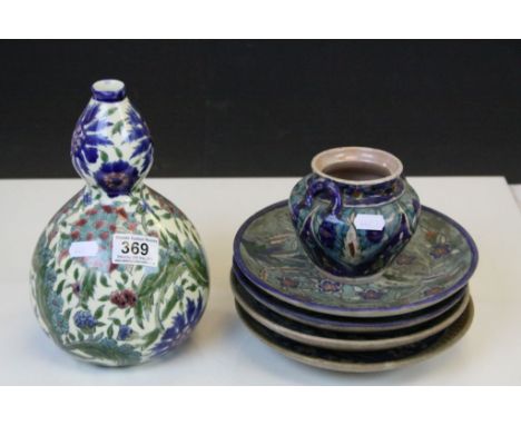 Isnik Style Pottery Double Gourd Vase decorated with Floral Motifs, 25cms high together with Four Palestine Pottery Plates an