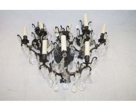 Set of Three and Glass Crystal Drop Wall Lights, each with Three Candle Light Branches together with a Pair of Two Branch Met