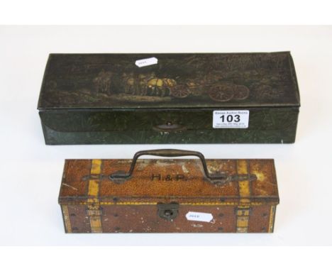 Two Huntley &amp; Palmer Biscuit Tins to include one in the form of a Strapped Metal Trunk, the other with Hunting scene to l