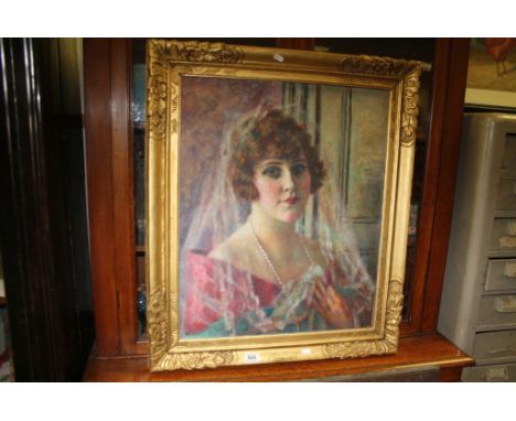 Charles Francois Prosper Guerin (1875-1939) - Oil Painting on Canvas Portrait of a Lady wearing a Veil with Plaque to frame '