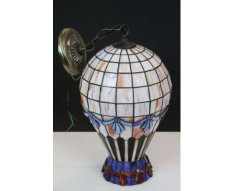 Tiffany style Leaded glass ceiling Light in the form of a Hot Air Balloon, approx 59cm in length counting the hanging wire