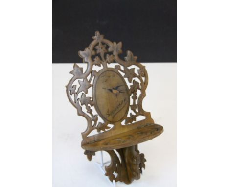 Late 19th / Early 20th century Sorrento Olive Wood Wall Bracket with Foliate Pierced Design and Panel depicting a Swallow
