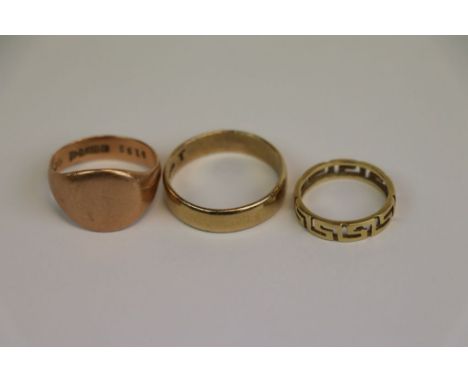 Three vintage Hallmarked Gold rings to include 14ct with Greek Key decoration and a 9ct Rose Gold Signet ring