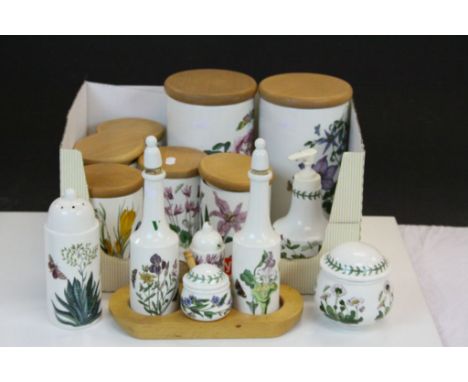 Collection of vintage Portmeirion ceramics in "Botanical Garden" pattern to include; Cannisters with wooden lids, Cruet set e