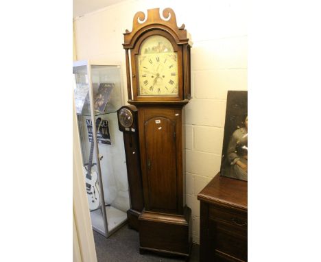 19th century Mahogany Longcase Clock, the Painted Arched Face by Cornish maker Andrew Harris of Penzance, 8 Day Movement, Sec