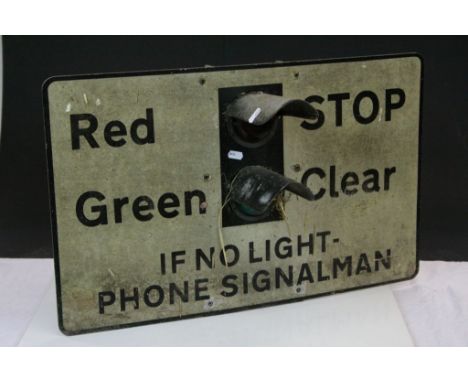 Vintage Metal Railway sign with fitted Red &amp; Green light system and instructions to face, measures approx 65 x 40cm