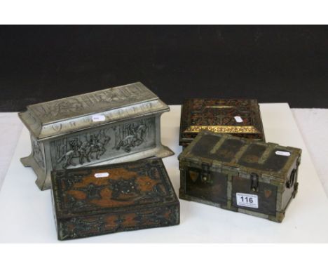 Four vintage Huntley &amp; Palmers Biscuit Tins to include "Chivalry" casket Tin circa 1912, approx 28.5 x 12.5 x 12.5cm, "Ir