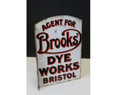 Double sided vintage Enamel Sign marked "Agent For Brooks' Dye Works Bristol", measures approx 45.5 x 31cm at the widest poin