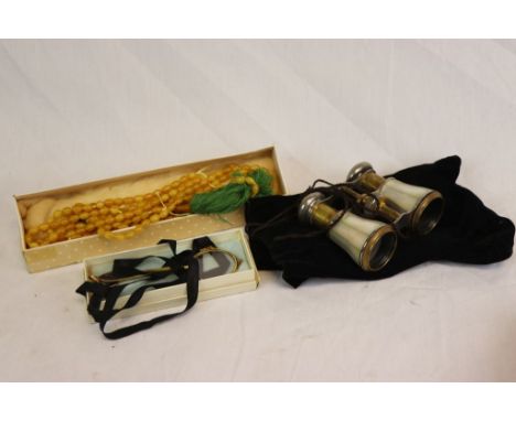 Vintage Yellow metal Lorgnette set with carved Mother of Pearl grips, Mother of Pearl &amp; brass Opera type Binoculars plus 