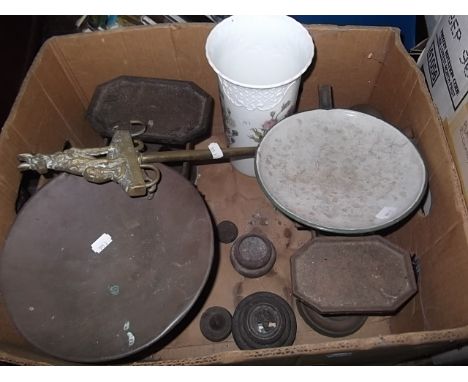 A box containing cast iron scales etc