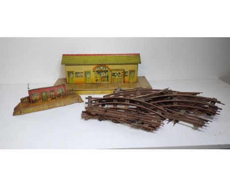 Vintage model railway track and tinplate buildings. Shipping Group (A). 