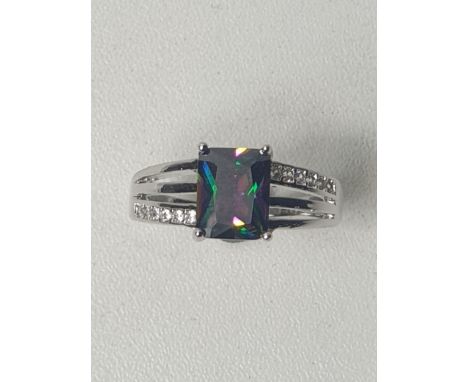 .925 silver princess cut rainbow topaz and cubic zirconia set ring, size W. Shipping Group (A). 