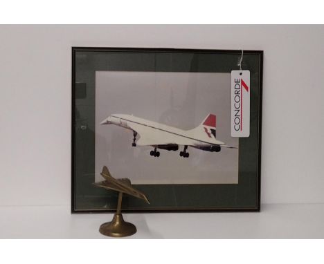 Concord themed lot comprising; framed and glazed photograph, swing ticket and a brass model. Collection only.