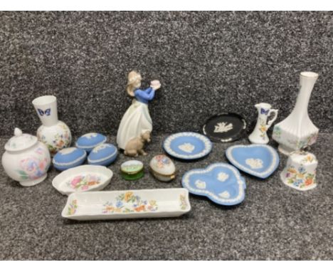 Nao figure of a girl with cake and puppy, Wedgwood jasperware, Aynsley etc