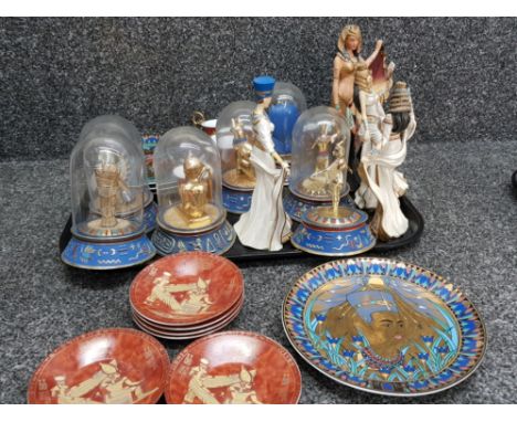 Tray of Egyptian themed items includes figured ornaments &amp; china (4x plates by Royal Worcester) 6 figures come with glass
