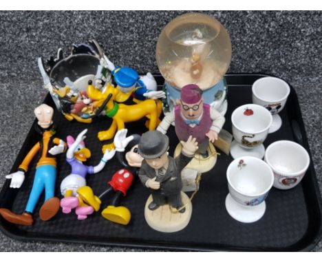 Tray of Walt Disney figures inc Goofy, Donald, Mickey etc plus Snowman snow globe, winnie the pooh egg cups etc