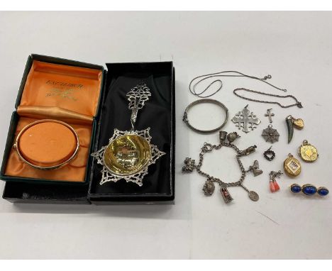 Group of silver and white metal jewellery, continental silver (800) tea strainer, gold plated bangle, Christian Dior brooch a